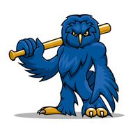 Cartoon blue owl baseball player with bat