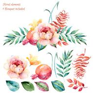 Colorful white-purple floral collection with leaves and roses