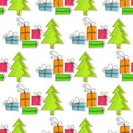Seamless Christmas pattern with trees and gifts
