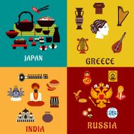 Japan Russia India and Greece flat icons