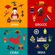 Japan China India and Greece travel icons N2