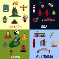 USA Canada China Australia travel icons