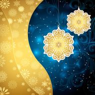 Golden snowflakes and frosty patterns on a dark blue background