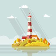 Seascape Lighthouse on the island a background of clouds Flat