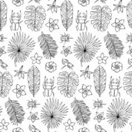 Seamless hand drawn doodle pattern with beetles and tropical elements N2