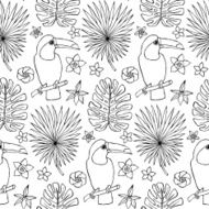 Seamless hand drawn doodle pattern with toucan and tropical elements N2