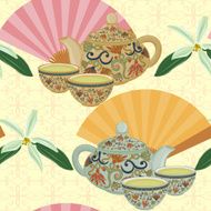 Repeating pattern with teapot cups and oriental fans N2