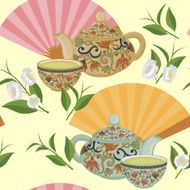 Repeating pattern with teapot cups and oriental fans N3
