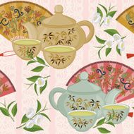 Repeating pattern with teapot cups and oriental fans N4