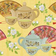 Repeating pattern with teapot cups and oriental fans N5