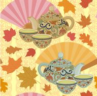 Repeating pattern with teapot cups and oriental fans N6