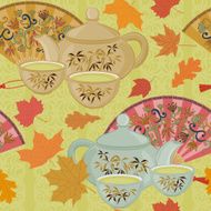 Repeating pattern with teapot cups and oriental fans N7