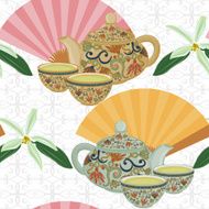 Repeating pattern with teapot cups and oriental fans N8