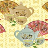 Repeating pattern with teapot cups and oriental fans N9