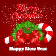Christmas candy cane with holly and red bow Vector illustration N3