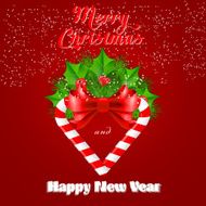 Christmas candy cane with holly and red bow Vector illustration N5