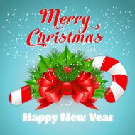 Christmas candy cane with holly and red bow Vector illustration N6