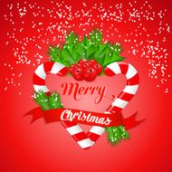 Christmas candy cane with holly and red ribbon Vector illustration