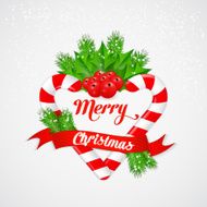 Christmas candy cane with holly and red ribbon Vector illustration N2