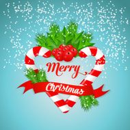Christmas candy cane with holly and red ribbon Vector illustration N3