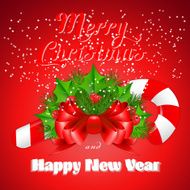 Christmas candy cane with holly and red bow Vector illustration N8
