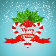 Christmas candy cane with holly and red ribbon Vector illustration N4
