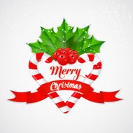 Christmas candy cane with holly and red ribbon Vector illustration N5