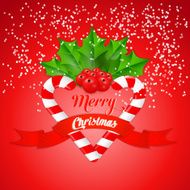 Christmas candy cane with holly and red ribbon Vector illustration N6