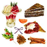 Set of watercolor Christmas sweet dessert elements