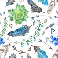 Tribal Pattern with Flowers and Feathers