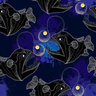 Seamless pattern with Angler fish or monkfish and blue blots