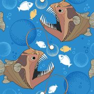 Seamless pattern with Angler fish or monkfish and bubbles