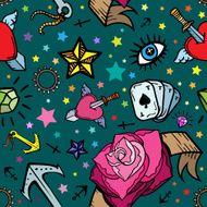 Vector Old School Tattoo Color Seamless Pattern