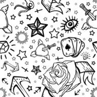 Vector Old School Tattoo Black and White Seamless Pattern