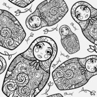 Vector Russian Matreshka Black and White Seamless Pattern