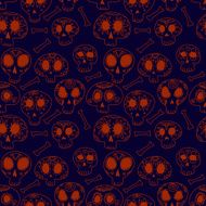 Cartoon skulls in blue and orange halloween seamless pattern vector