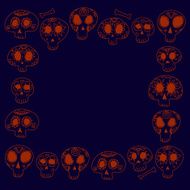 Cartoon skulls in blue and orange halloween frame background vector