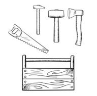 Sketches of toolbox and carpentry tools
