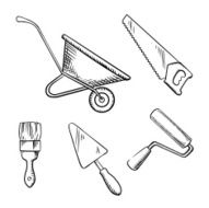Saw trowel wheelbarrow paint brush and roller
