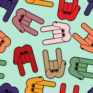 Multicolored Rock hand sign seamless pattern and roll back