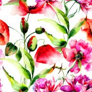 Seamless pattern with Peony and Poppy flowers