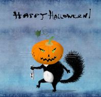Black Cat with Pumpkin Head With Fish Bones