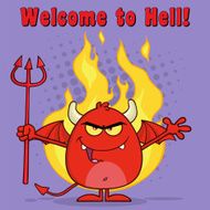 Angry Devil Holding A Pitchfork With Background And Text