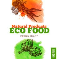 Eco food menu background Watercolor and hand drawn sketch veget N3