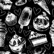 Seamless pattern with ice cream and cakes Hand drawn sketch
