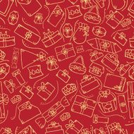 Seamless pattern with doodle gift box on red background N2