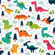 Cute vector seamless pattern with funny dinosaurs clouds and trees N2