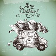 Vintage vector winter greeting card with retro car