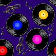 Seamless music pattern with vinyl records notes and treble clef