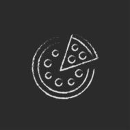 Whole pizza with a slice icon drawn in chalk